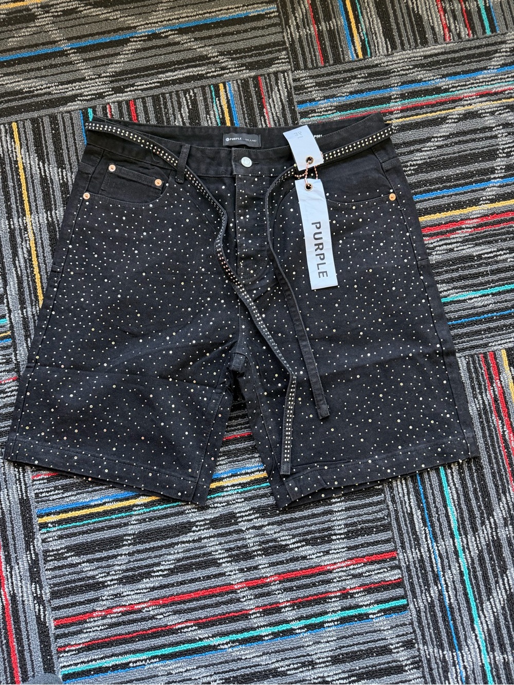 Purple Brand Black Studded Men's Shorts with Decorative Belt